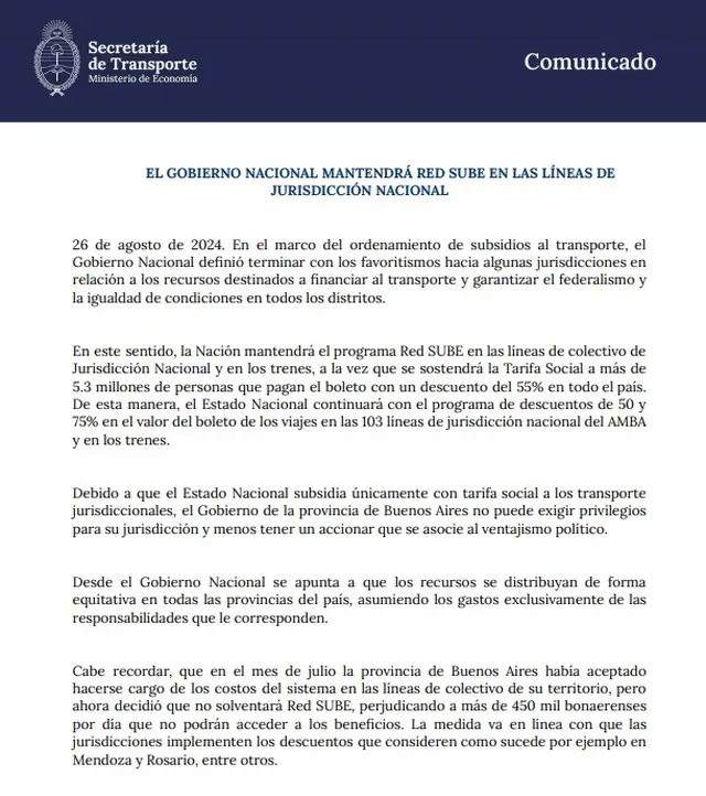 El comunicado del Gobierno en el que ratifica el recorte de subsidios para el transporte
