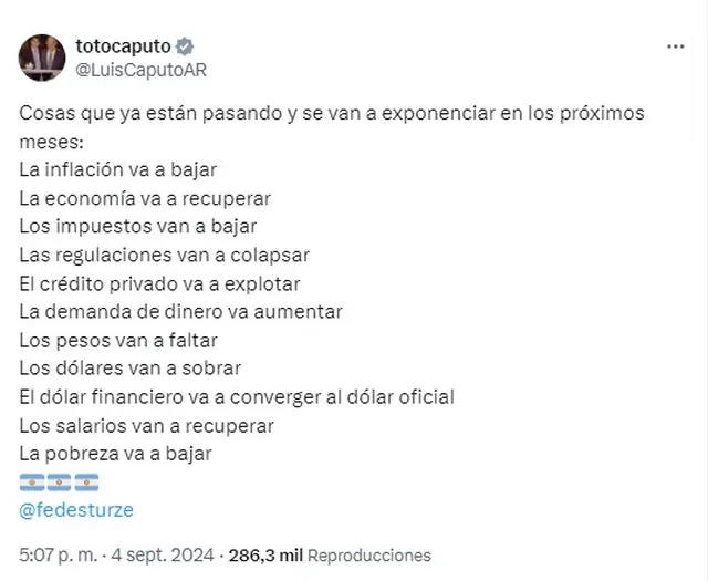 El mensaje de Luis Caputo sobre las variables de la economí