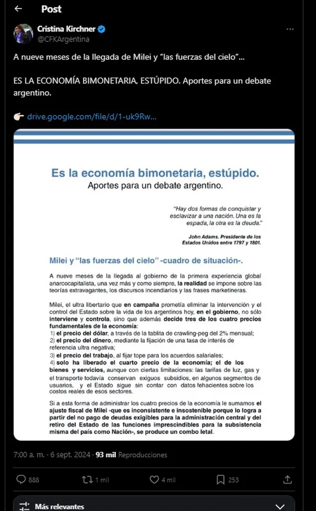 Cristina Kirchner retomó su tema preferido, con una advertencia de posible crisis cambiaria