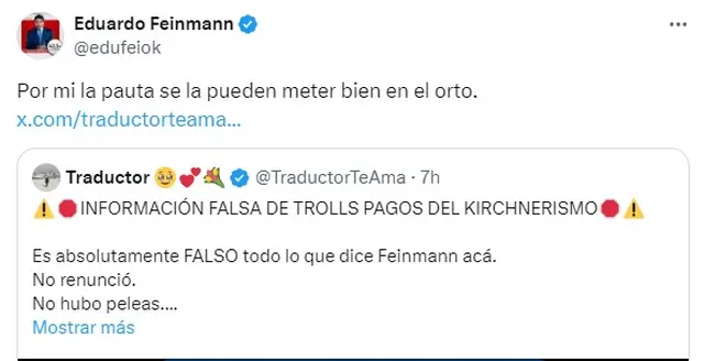 Uno de los mensajes de Eduardo Feinmann a las cuentas libertarias en la red social X