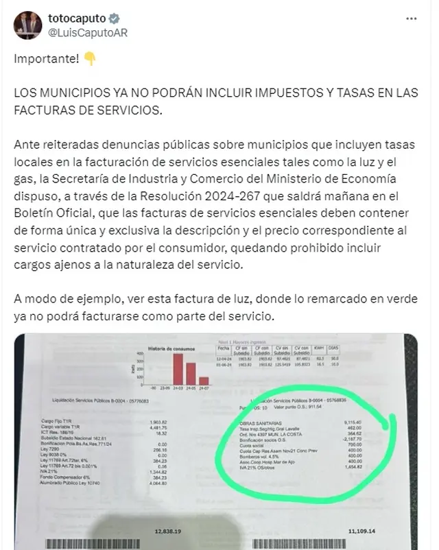 El mensaje de Luis Caputo en el que confirmó que los municipios ya no podrán incluir los impuestos y tasas en las facturas de servicios