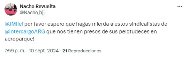 Uno de los mensajes en redes contra el paro en Intercargo