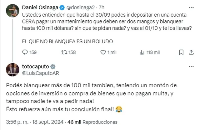La respuesta de Luis Caputo en redes sobre el blanqueo