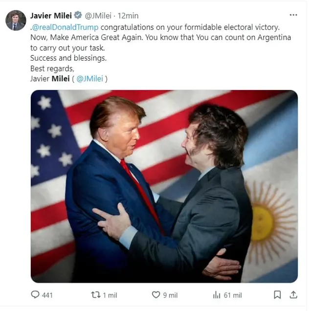 Javier Milei celebró victoria republicana de Donald Trump en EE.UU.