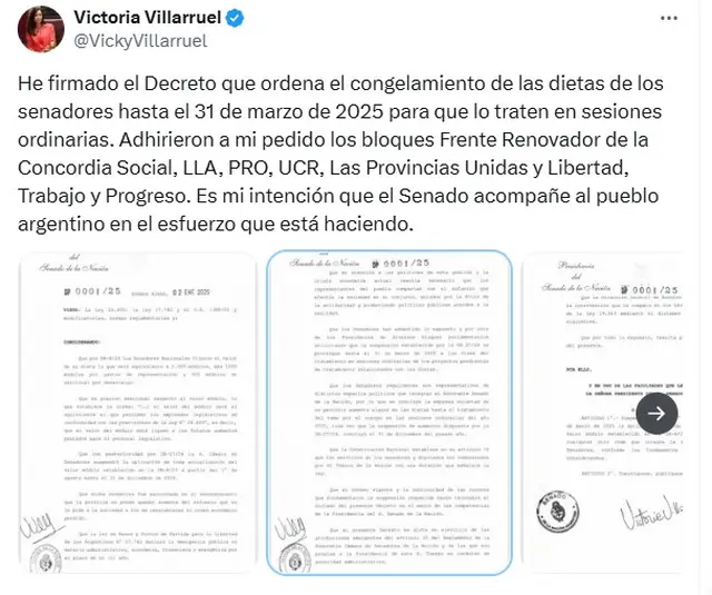 El mensaje de Victoria Villarruel tras congelar las dietas de los senadores