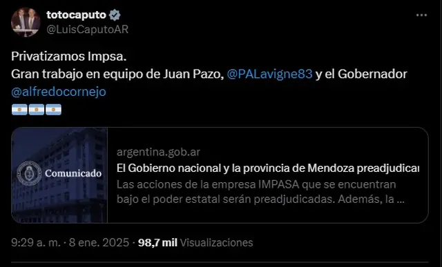 Luis Caputo celebró la primera privatización de la era Javier Milei