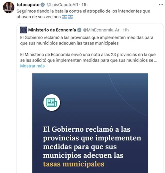 Caputo apunta contra los intendentes que multiplican tasas municipales
