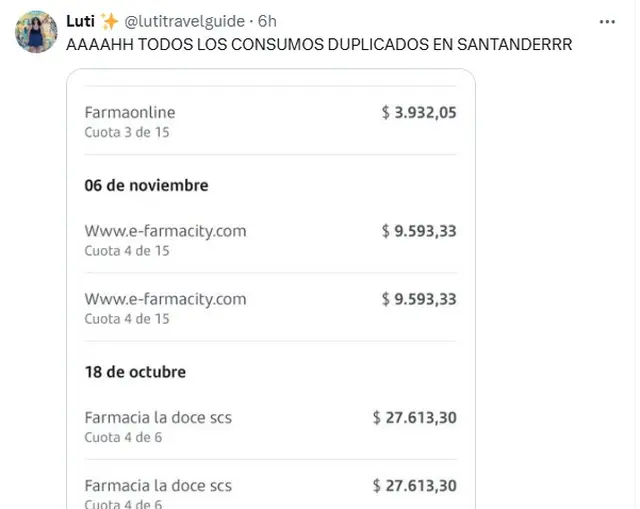 Una usuaria mostró en redes cómo le aparecían los consumos duplicados