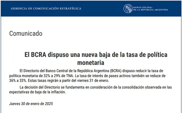 El Banco Central confirmó la baja de tasas
