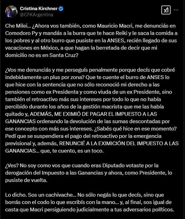 El mensaje de Cristina Kirchner contra Javier Milei