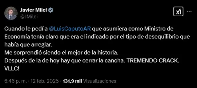 El mensaje de Javier Milei sobre Luis Caputo