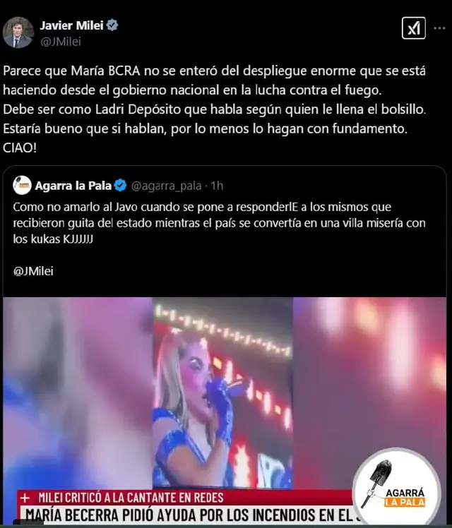 El Presidente volvió a cargar contra la cantante tras los dichos sobre los incendios en la Patagonia