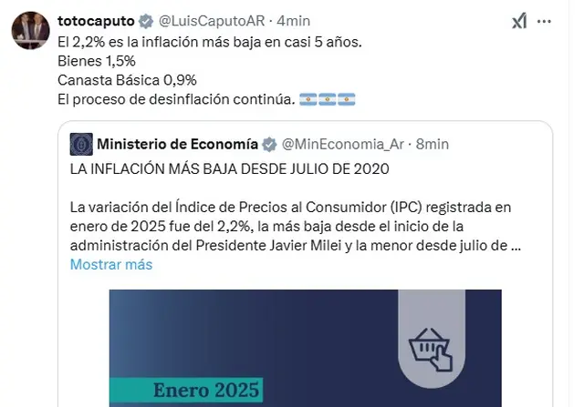 El mensaje de Luis Caputo tras conocerse el dato de inflación de enero