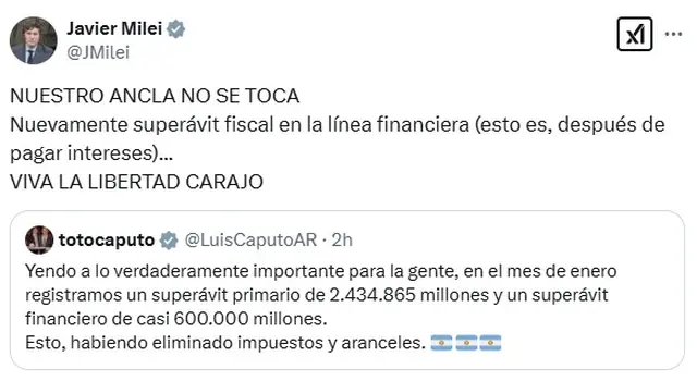 El mensaje de Luis Caputo sobre el superávit, reposteado por Javier Milei