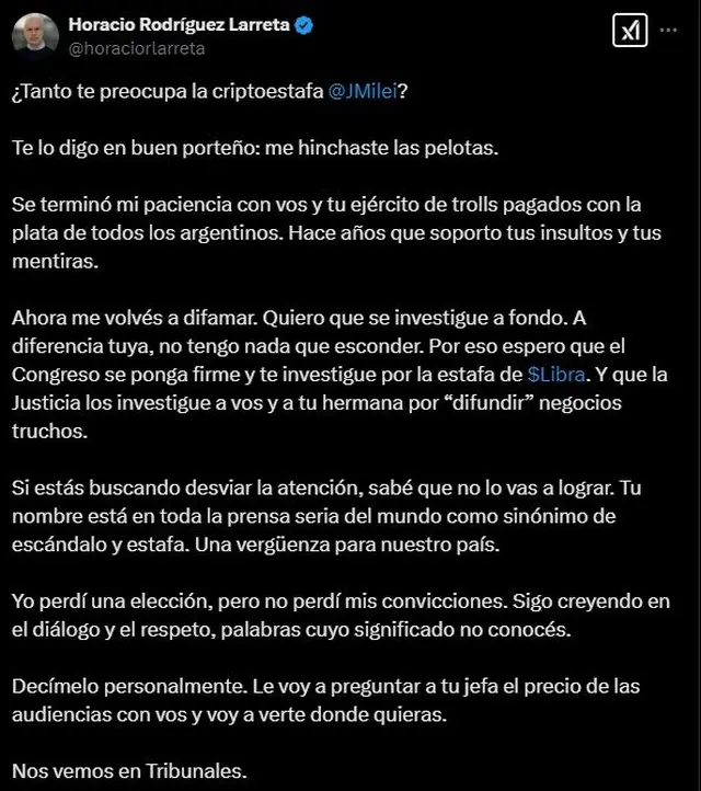El mensaje de Horacio Rodríguez Larreta contra Javier Milei