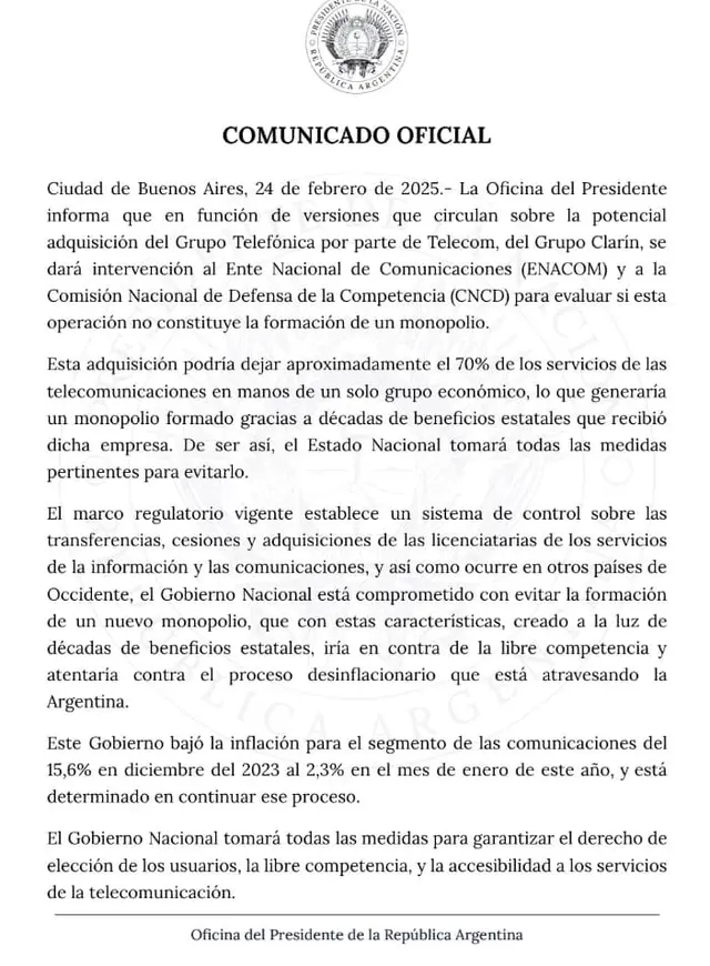 El comunicado del Gobierno, tras la venta de Telefónica Argentina a Telecom.