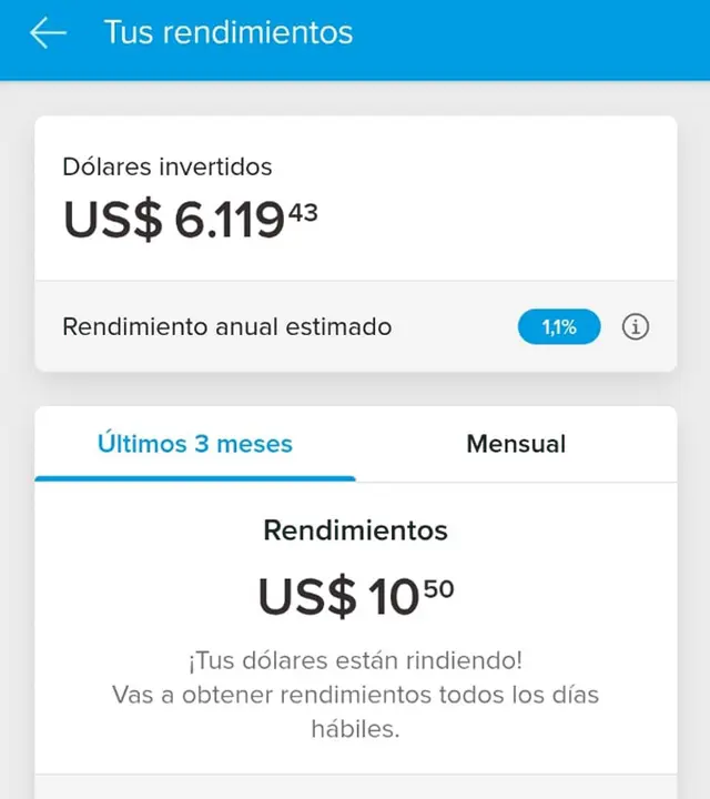 Captura de pantalla de la nueva alternativa de Mercado Pago en dólares