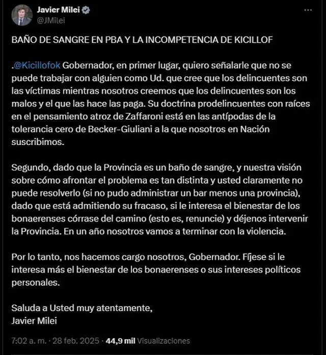 El tuit de Javier Milei contra Axel Kicillof 