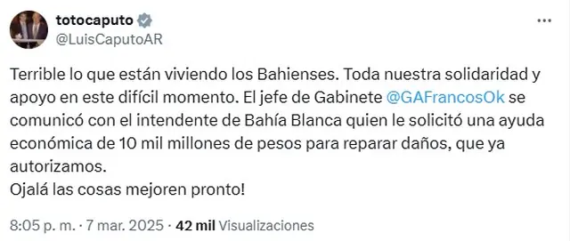 El mensaje de Luis Caputo sobre el temporal en Bahía Blanca