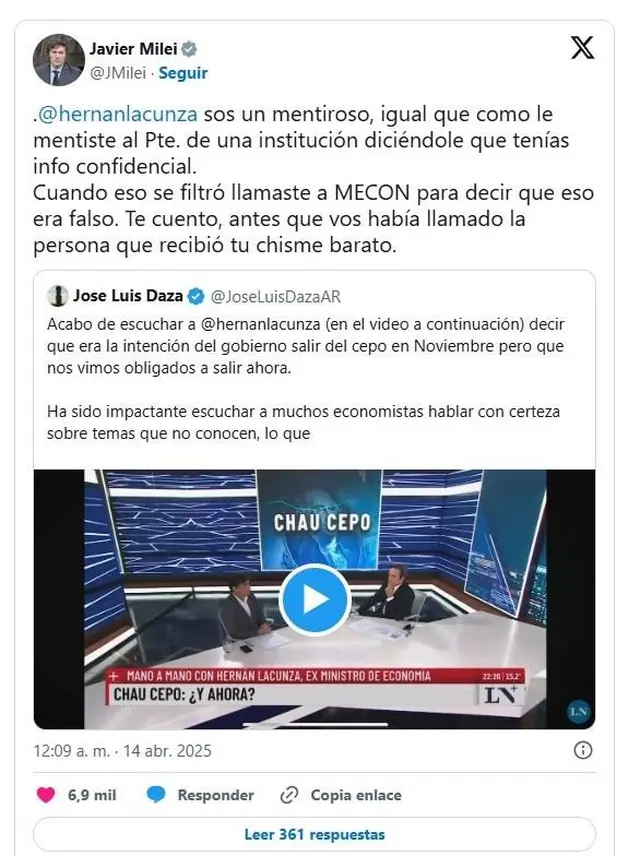 El tuit de Milei contra Hernán Lacunza