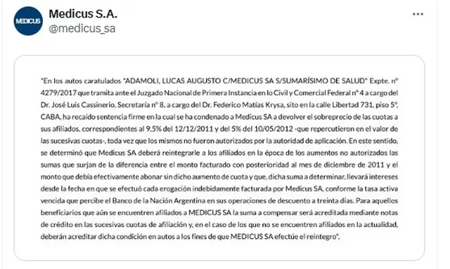 El fallo de la Justicia, publicado por Medicus