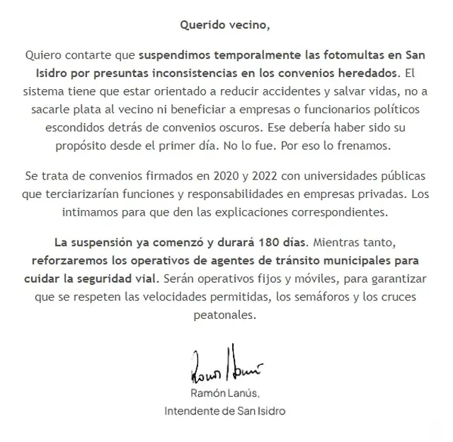 El mensaje de Ramón Lanús, intendente de San Isidro