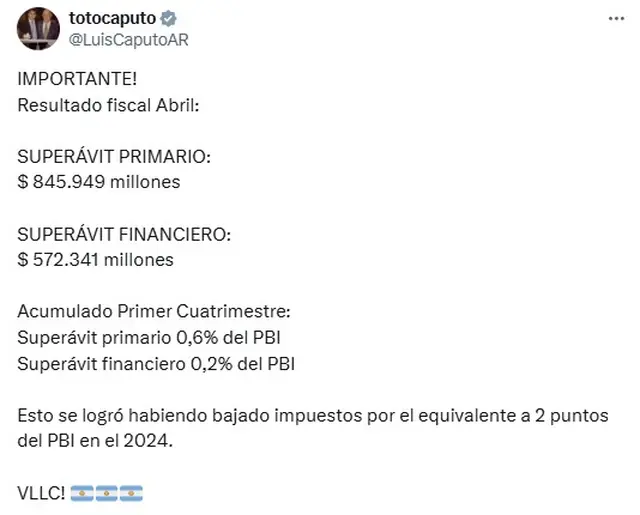 El mensaje en redes de Luis Caputo para anunciar un nuevo superávit en abril