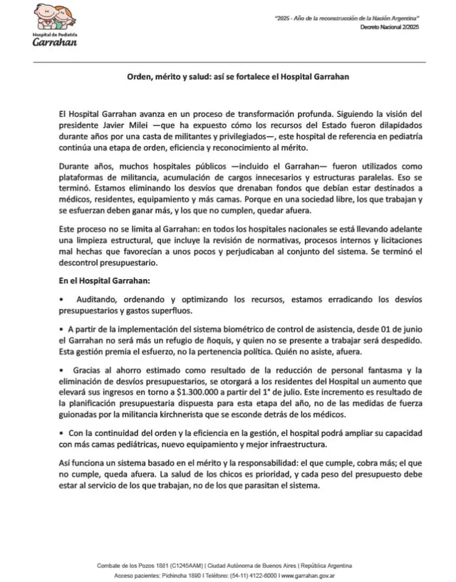El comunicado completo sobre el aumento a los médicos del Garrahan
