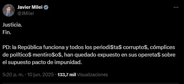 El tuit de Javier Milei para celebrar la condena de Cristina Kirchner