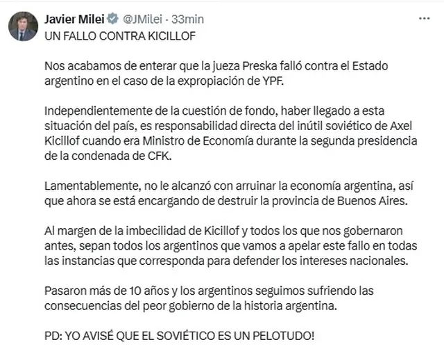 El mensaje de Javier Milei contra Axel Kicillof tras el fallo por YPF