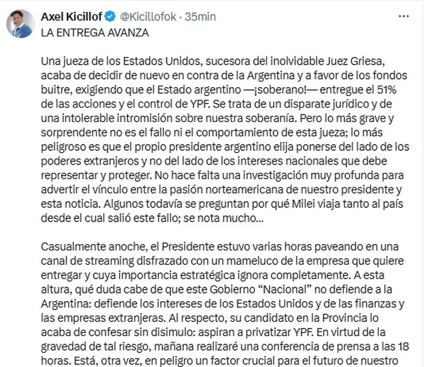 El mensaje de Axel Kicillof contra Javier Milei