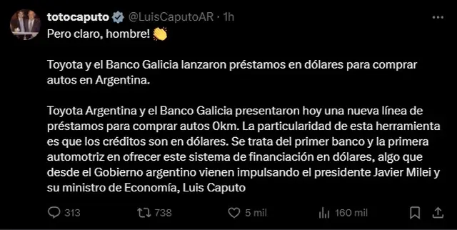 El mensaje de Luis Caputo sobre la financiación en dólares de Toyota