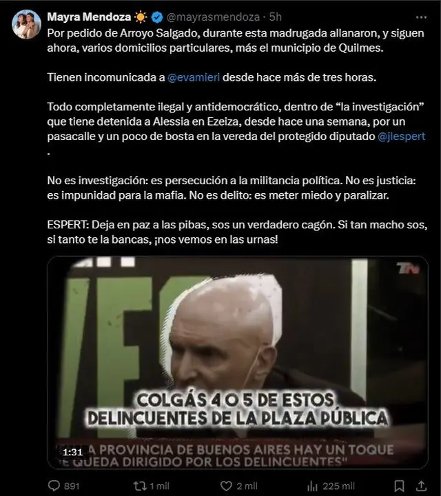 El mensaje que publicó la intendenta de Quilmes Mayra Mendoza
