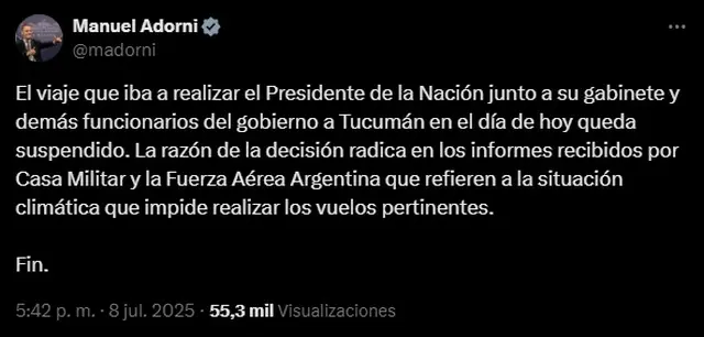 El mensaje de Manuel Adorni por el viaje de Javier Milei a Tucumán