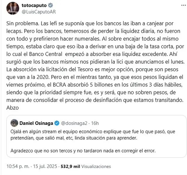 El mensaje de Luis Caputo en X