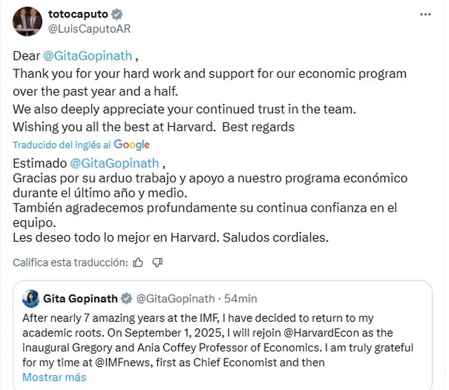 El mensaje de Luis Caputo sobre la salida de Gita Gopinath, la número 2 del FMI