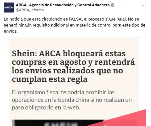 ARCA desmintió una noticia sobre posible bloqueo a las compras en Shein