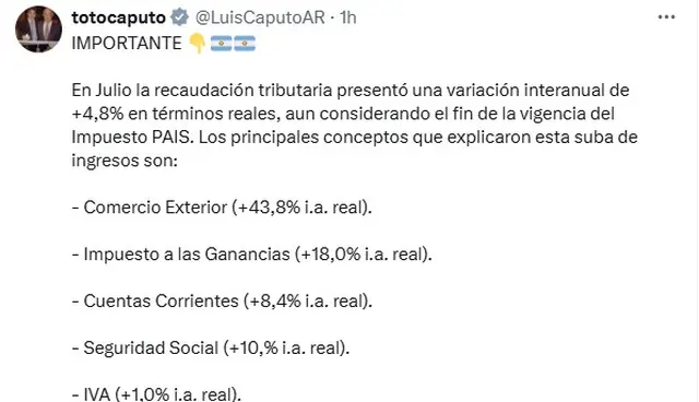 El mensaje de Luis Caputo sobre la recaudación de julio