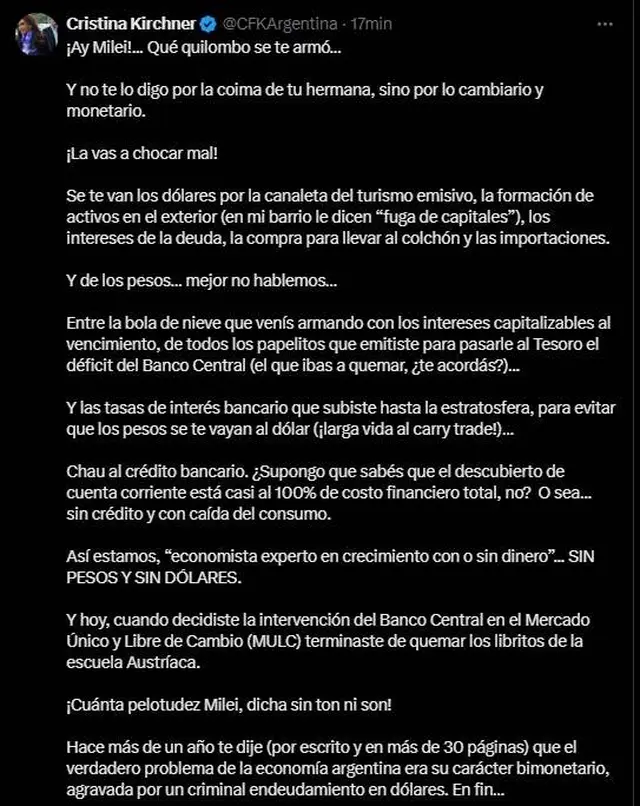 El mensaje de Cristina Kirchner a Javier Milei tras la intervención en el dólar