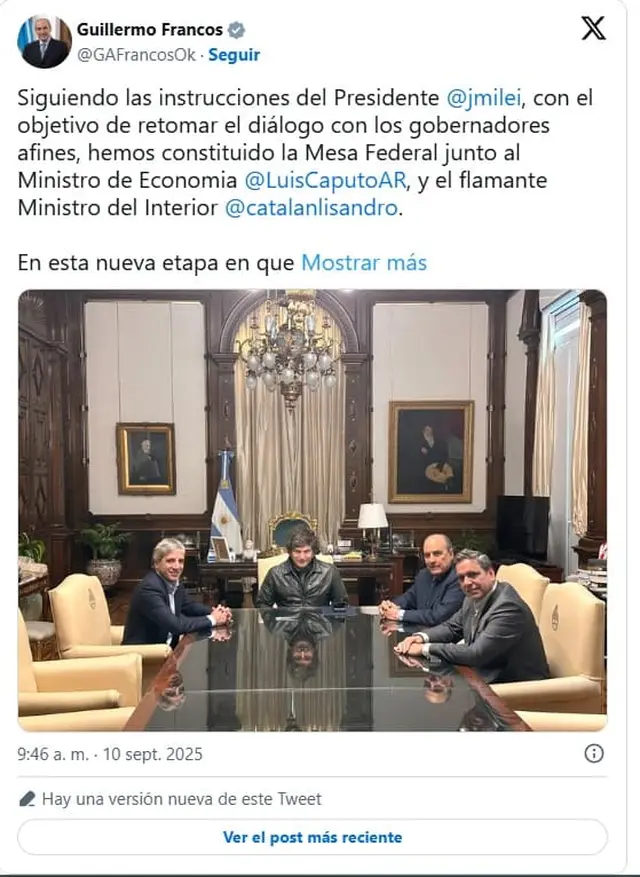 Guillermo Francos confirmó que Milei designó como nuevo ministro del Interior a Lisandro Catalán