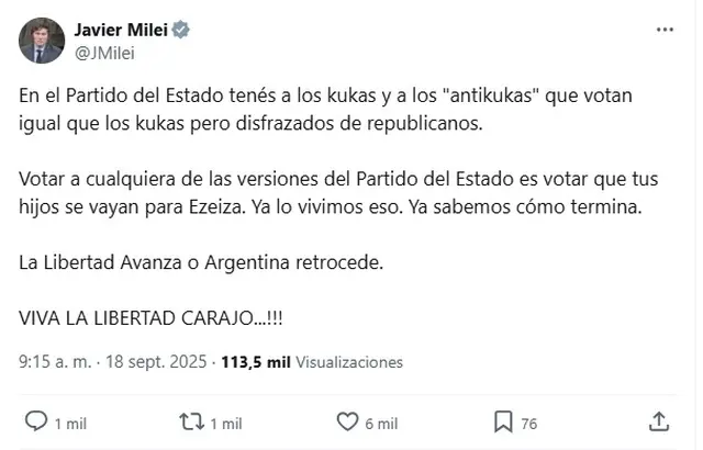 El tuit de Milei contra la oposición