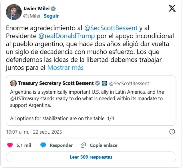 Milei le agradeció a Trump y a Bessent