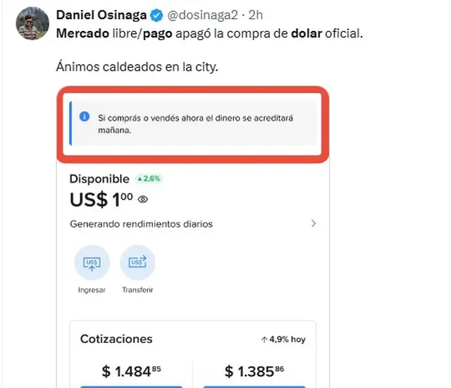 En redes también informaron que hubo problemas para comprar dólares con Mercado Pago