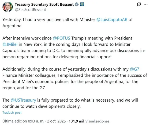 Scott Bessent confirmó diálogo con Caputo sobre opciones de financiamiento bilateral