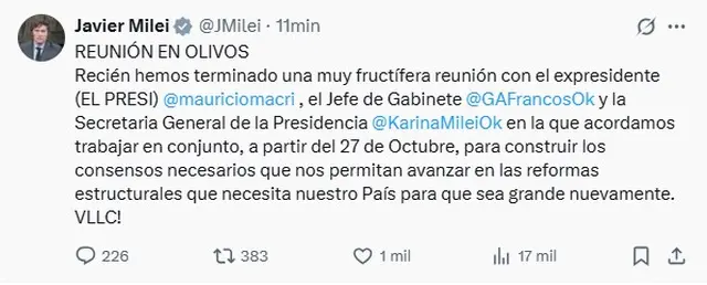 El mensaje de Javier Milei tras el encuentro con Mauricio Macri