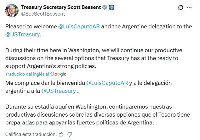 El mensaje del Secretario del Tesoro de EE.UU. Scott Bessent