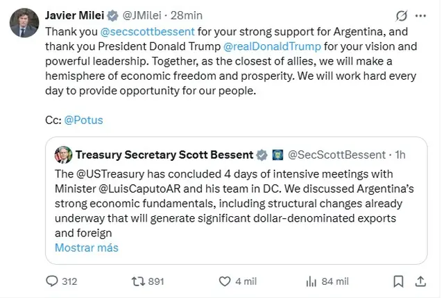 El mensaje de Javier Milei sobre el apoyo de Estados Unidos