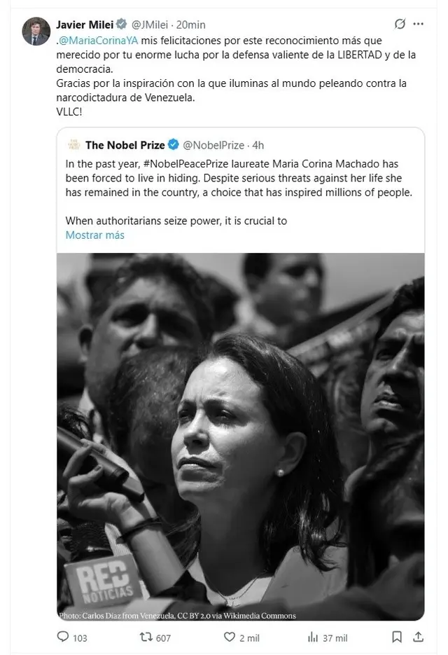 La felicitación de Milei a Corina Machado