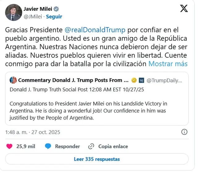 Trump felicitó a Milei por el contundente triunfo en las elecciones legislativas