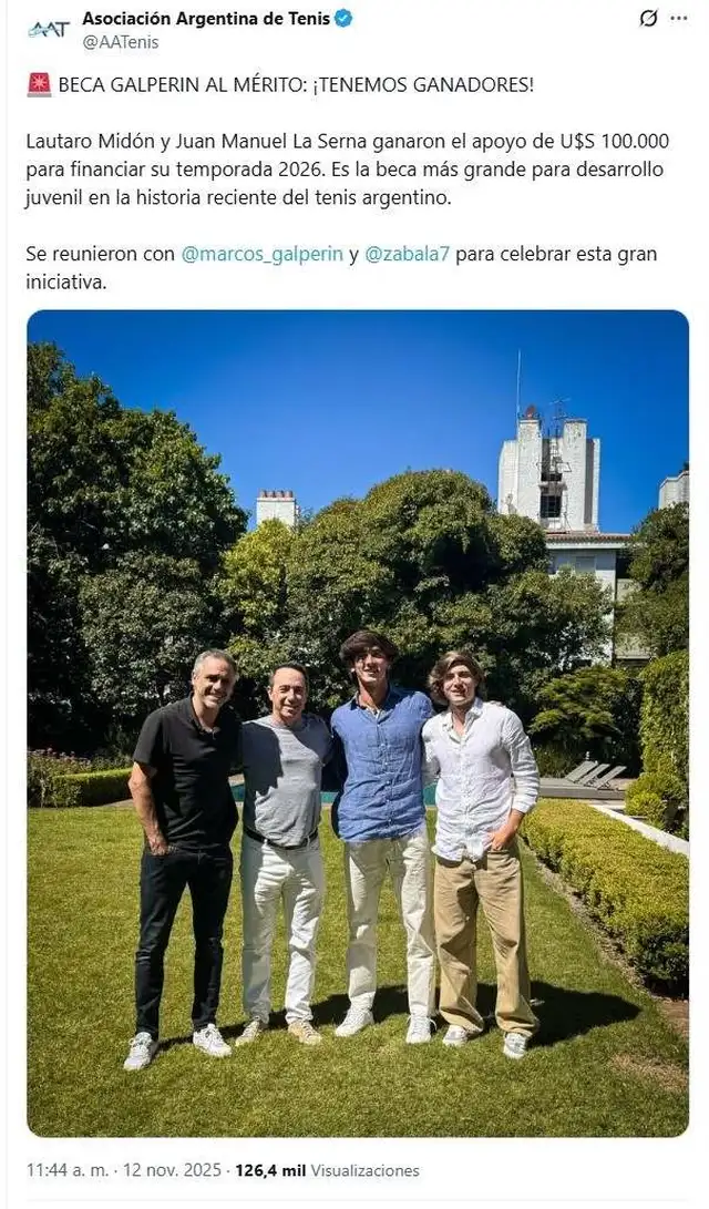 El tuit que da a conocer la beca de Galperín a dos jóvenes tenistas